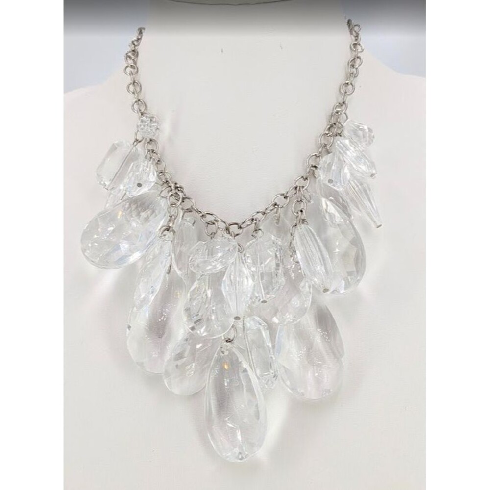 VCLM Signed Necklace Clear Faceted Drop Statement Silver Tone Chain 19 in 132g